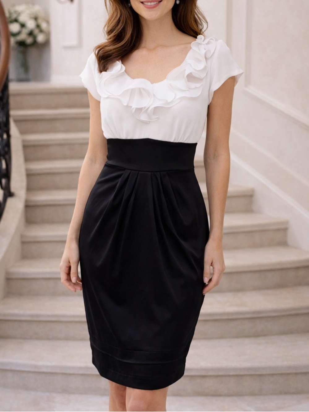 Elegant Two-Tone Ruffle Midi Dress - White & Black